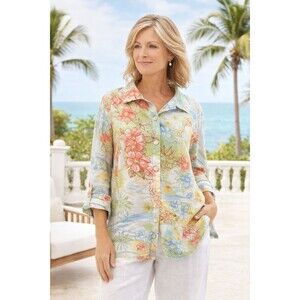 Hot Cotton Linen Tunic Top Tropical Floral Coastal Resort Button Front Sz XL